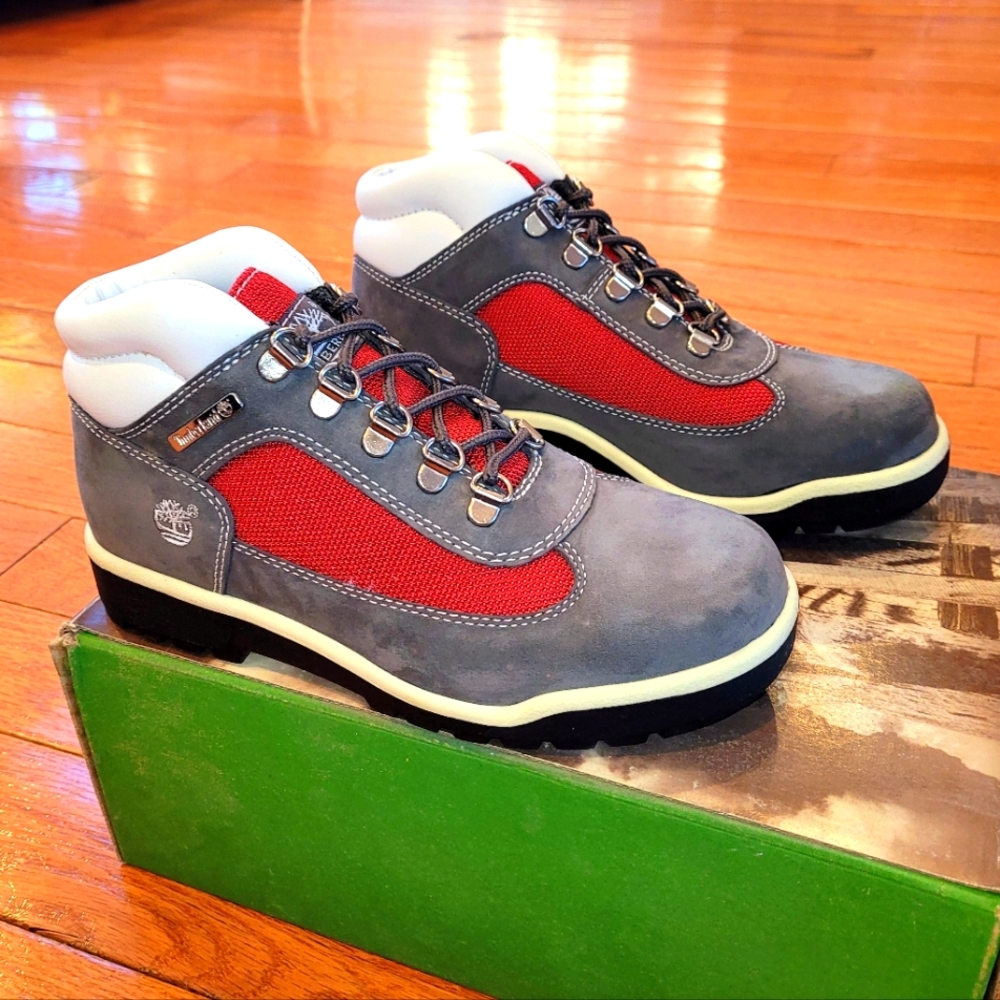 Timberland: Junior Field Boots. Grey and Red Colorway.